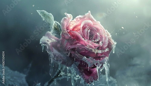 A pink rose covered in ice, beautifully illustrated photo