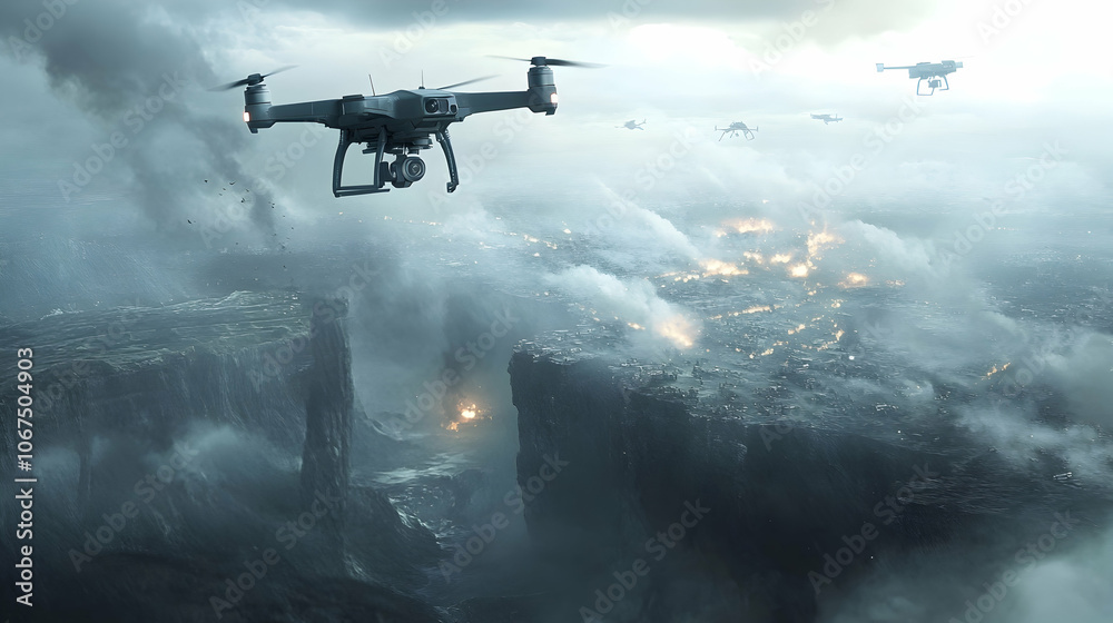 Modern drone flying on a reconnaissance mission, overseeing battlefield operations with precision Modern drone flying on a reconnaissance mission, overseeing battlefield operations with precision