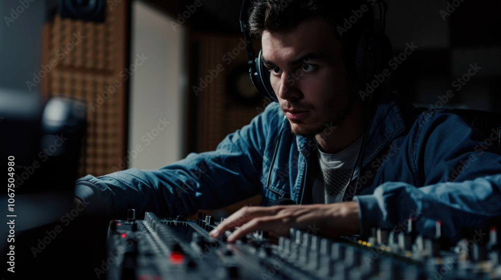Radio Broadcaster in Dimly Lit Booth Adjusting Sound Levels for Professional Audio Production Radio Broadcaster in Dimly Lit Booth Adjusting Sound Levels for Professional Audio Production
