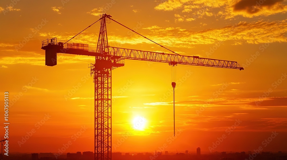 Sunset silhouette of a crane at construction site Sunset silhouette of a crane at construction site