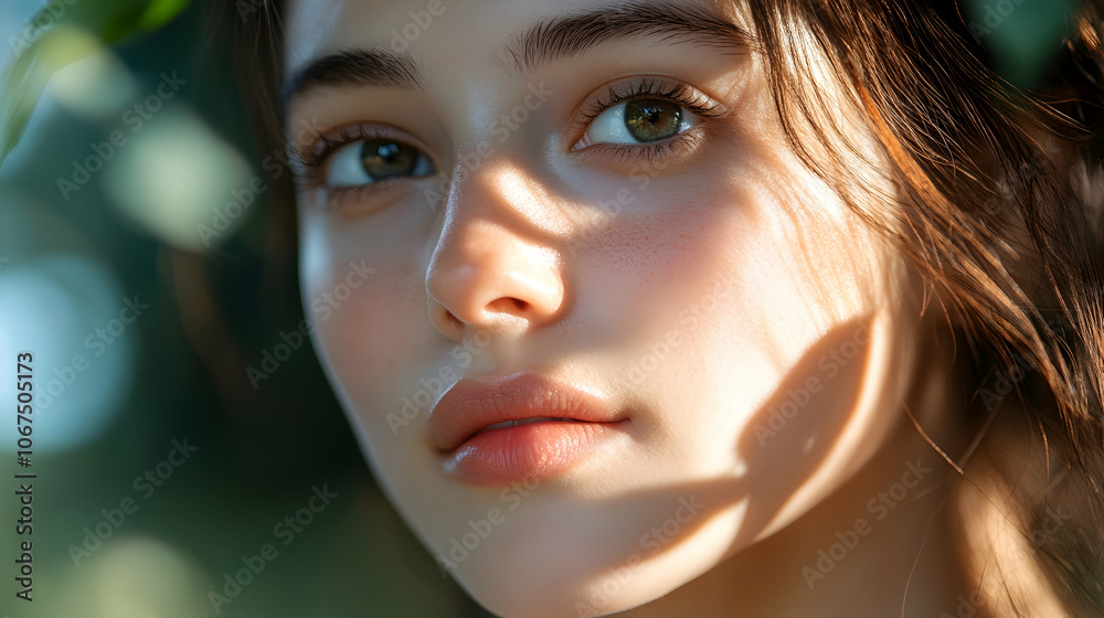 Natural Skincare Glow: Close-up portrait of a woman with clear, healthy skin, showcasing the beauty of natural skincare. Natural Skincare Glow: Close-up portrait of a woman with clear, healthy skin, showcasing the beauty of natural skincare.