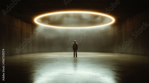 A lone figure stands in a large, dimly lit circular room with a luminous, ethereal circle above, invoking themes of wonder, solitude, and cosmic connection.