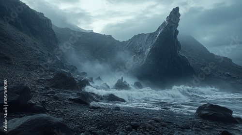 Dramatic waves crash against the rugged black sand beach, with a tall rock formation rising up from the sea, shrouded in mist and a stormy sky. photo