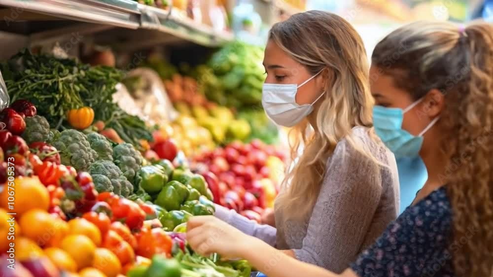 Family shopping at the supermarket wearing masks, choosing healthy food, prioritizing safety during the pandemic. Reflects responsible shopping habits in the wake of the COVID-19 pandemic Family shopping at the supermarket wearing masks, choosing healthy food, prioritizing safety during the pandemic. Reflects responsible shopping habits in the wake of the COVID-19 pandemic