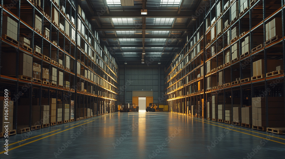 Industrial Warehouse Interior with Forklifts and Shelves Full of Boxes Industrial Warehouse Interior with Forklifts and Shelves Full of Boxes