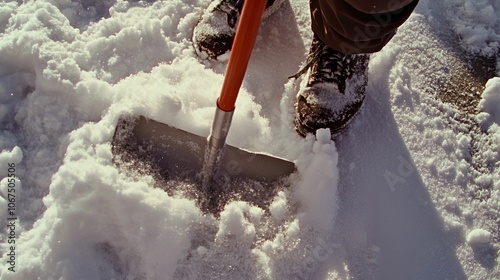 Person shoveling snow in winter boots on a snowy path during a cold day in a residential area