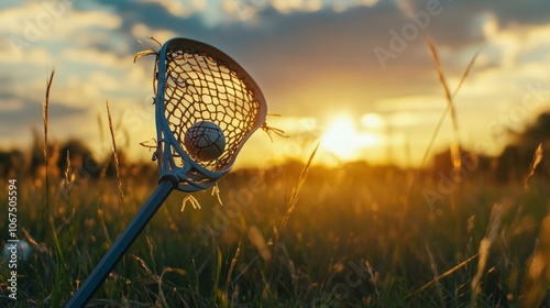 Lacrosse Stick with Ball in Pocket, showcasing the intricate design of the stick, the textured surface of the ball, set against a softly blurred field environment photo