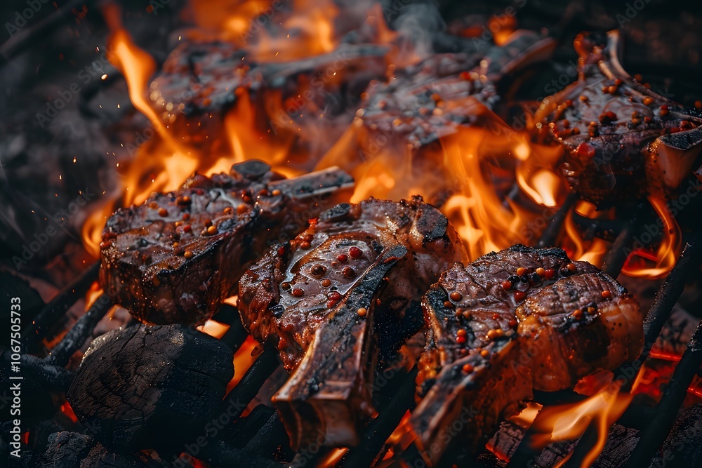 Sizzling Grilled Meat Over Fiery Flames Sizzling Grilled Meat Over Fiery Flames