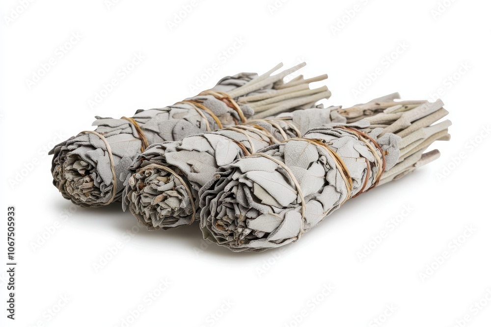Three white sage bundles on a white surface