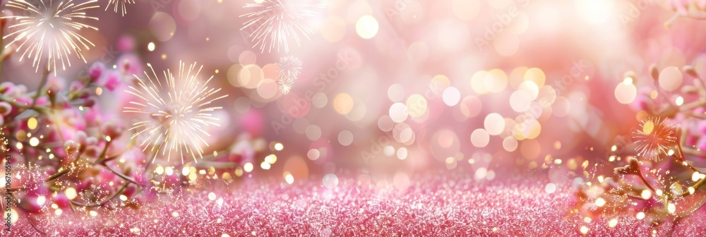 Fototapeta premium Abstract background of pink pastel gold glitter fireworks celebration atmosphere.