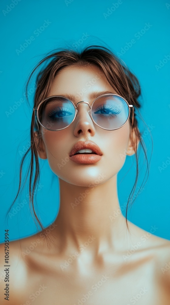 Fashionable Woman in Sunglasses Against a Blue Background Fashionable Woman in Sunglasses Against a Blue Background