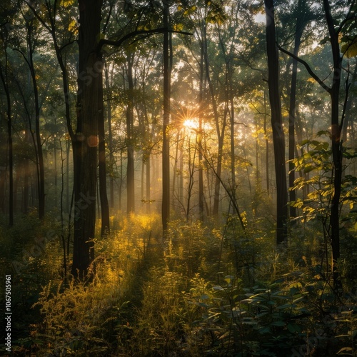 sunrise in the forest "Sunrise in the forest, casting peaceful light over the tranquil wilderness.