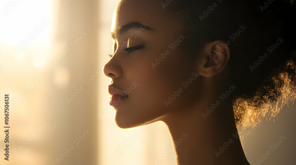 Profile in Natural Light: Elegant profile shot of a woman, emphasizing her features in a softly lit studio. Profile in Natural Light: Elegant profile shot of a woman, emphasizing her features in a softly lit studio.