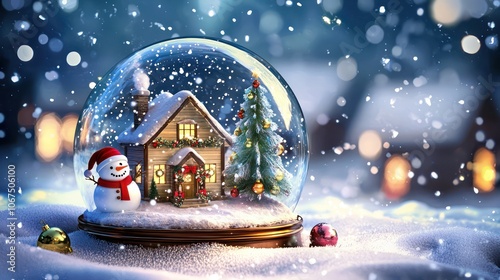 Snow globe clipart with a mini Christmas scene inside, including a house, snowman, and Christmas tree