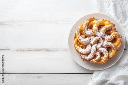 Tippaleipa a Finnish deep fried dessert is topped with powdered sugar and served on a white wooden table viewed vertically photo