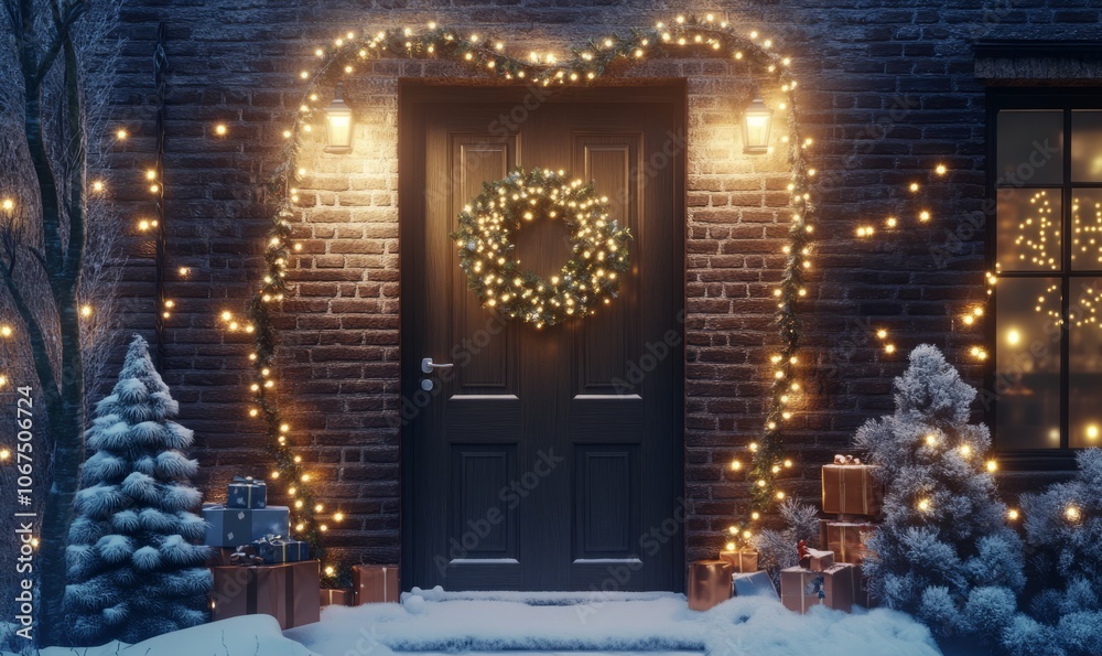 Mockup of a blank holiday sign on a wooden door, with twinkling lights, a festive wreath, and snow-covered ground creating a welcoming Christmas scene Mockup of a blank holiday sign on a wooden door, with twinkling lights, a festive wreath, and snow-covered ground creating a welcoming Christmas scene