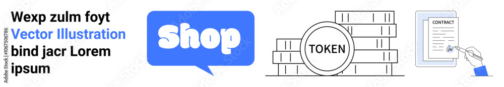 Shopping sign, stack of tokens, and a hand signing a contract. Ideal for e-commerce, cryptocurrency, digital transactions, online contracts, and digital marketplaces. Banner for landing page