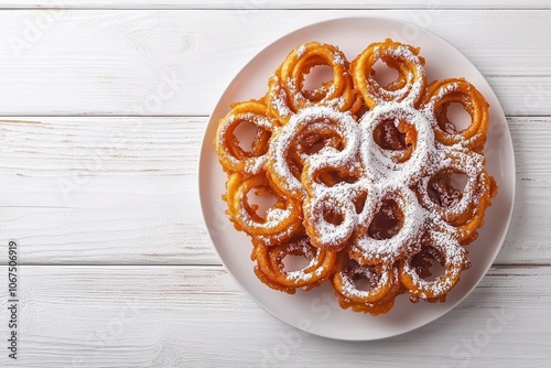 Tippaleipa Finnish May Day deep fried funnel cakes sprinkled with powdered sugar arranged on a white wooden table viewed from above photo