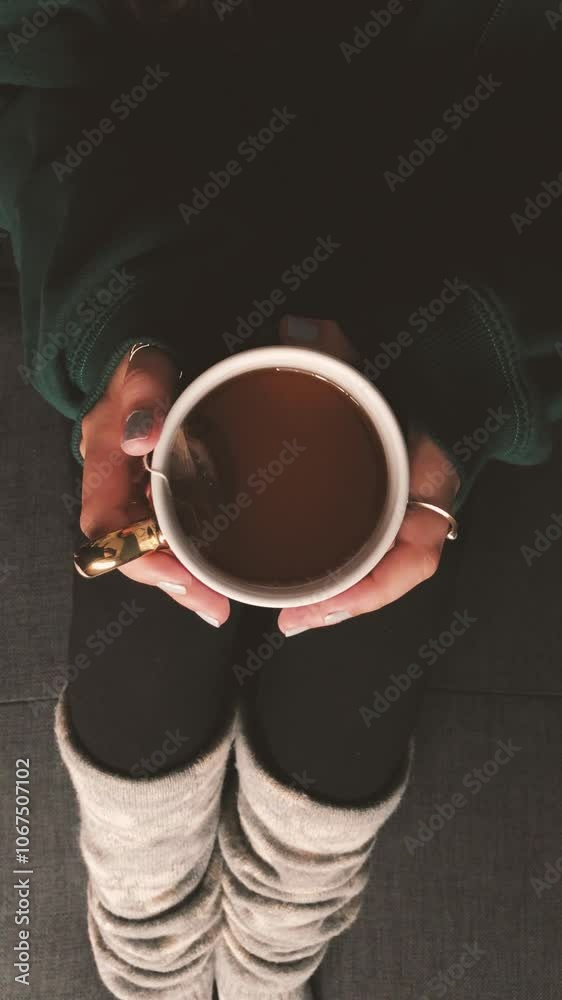 Young woman drinking on a cozy and comfy couch