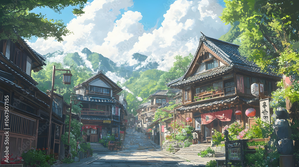 Fototapeta premium Scenic view of a historic Japanese town, with quaint streets and traditional architecture