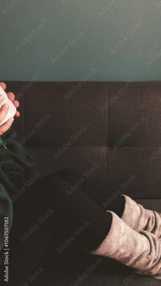 Young woman drinking on a cozy and comfy couch