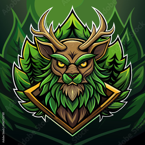 A spirited esports logo featuring a forest god with antlers and lush greenery, embodying nature’s power and vitality for competitive gaming teams