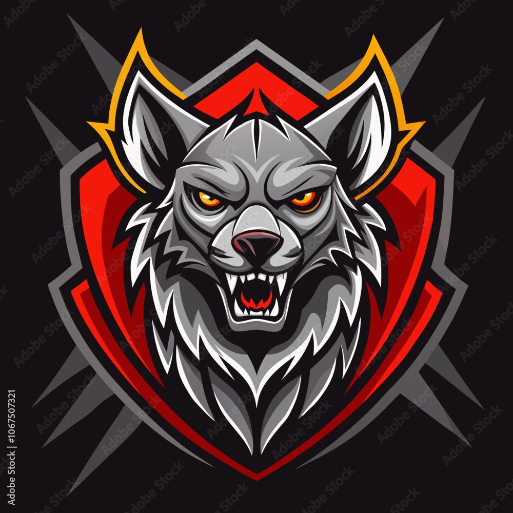 Stylish esports logo featuring a fierce hyena head design on a bold red shield, perfect for competitive gaming teams and events Stylish esports logo featuring a fierce hyena head design on a bold red shield, perfect for competitive gaming teams and events