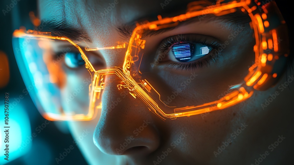 Bionic superhuman with advanced tech layers in face and shoulders, digital display in eye lens Bionic superhuman with advanced tech layers in face and shoulders, digital display in eye lens