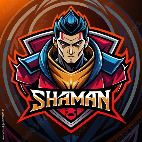 Dynamic esports logo featuring a shaman character with vibrant colors and bold design elements representing gaming spirit