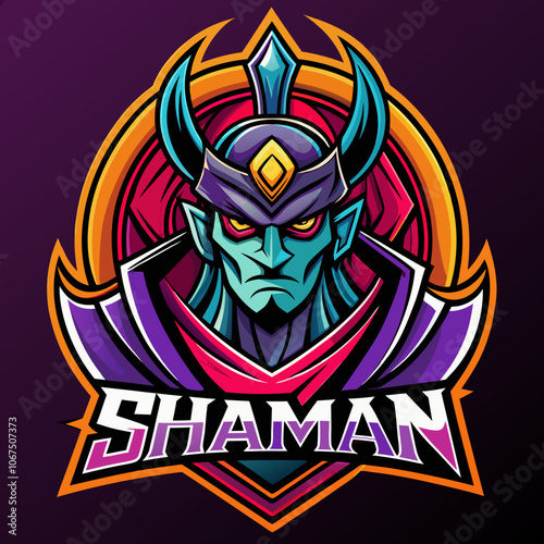 Eye-catching esports logo featuring a shaman character with a vibrant and mystical design, perfect for gaming teams and organizations