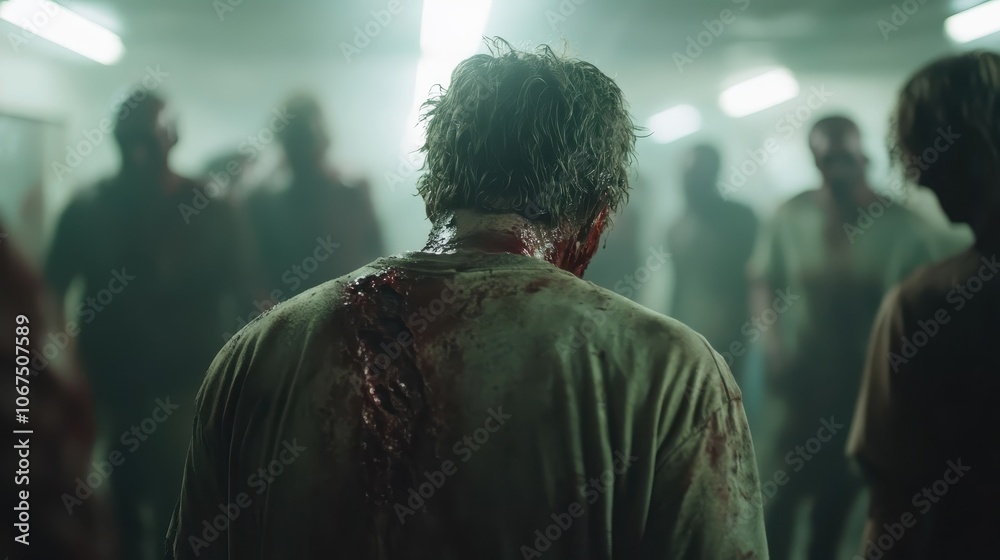 A gripping shot shows the back of a zombie traversing a dimly lit corridor, embodying loneliness and melancholy in a haunting post-apocalyptic environment. A gripping shot shows the back of a zombie traversing a dimly lit corridor, embodying loneliness and melancholy in a haunting post-apocalyptic environment.