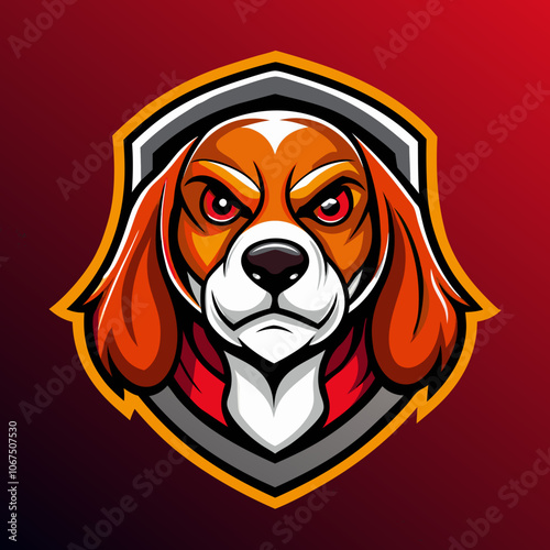 A fierce beagle mascot logo for esports, showcasing bold features and intense expression on a vibrant red background