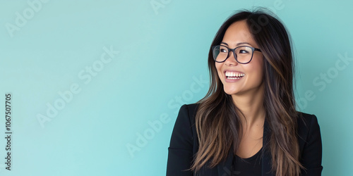 Young happy cheerful professional business woman looking away at copy space advertising job opportunities or good business services