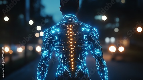 Futuristic bionic person with mechanical components in torso, showing energy-infused limbs and glowing tech nodes