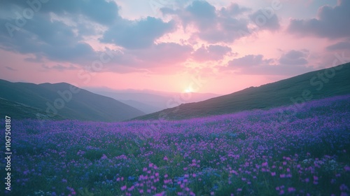 A vibrant field of purple wildflowers bathed in the soft glow of a sunrise over rolling hills.