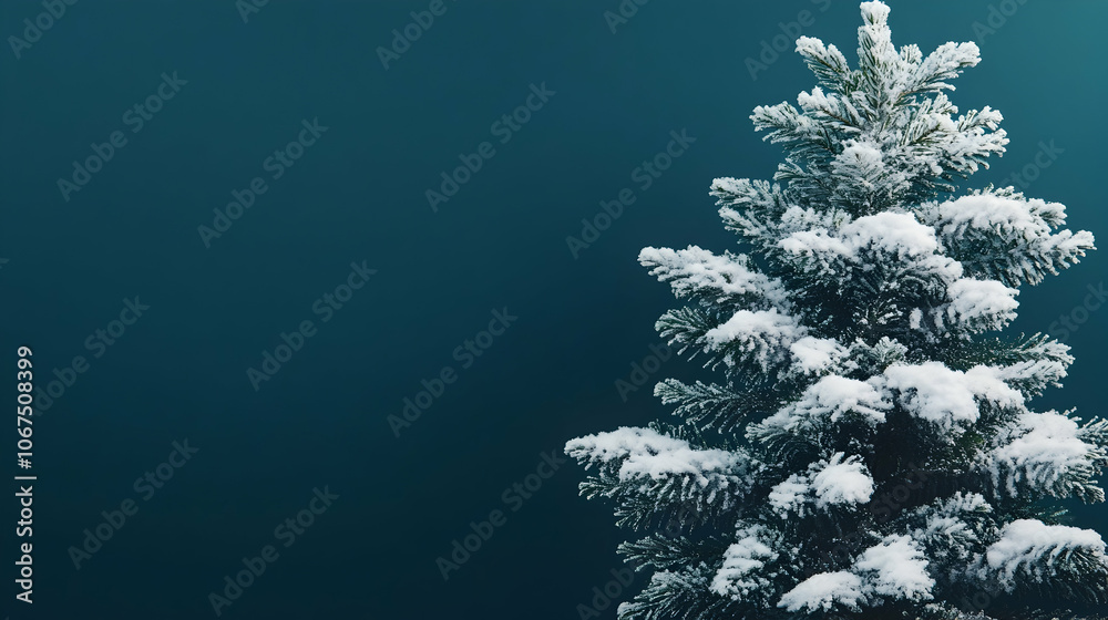 Snow-covered Christmas tree against a dark blue background Snow-covered Christmas tree against a dark blue background