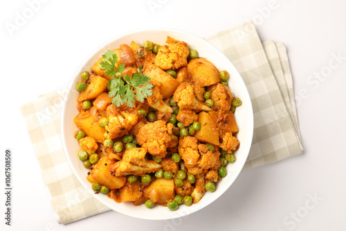 MIX VEGETABLE CURRY- indian recipe, mixed veg containing cauliflower, green peas and potatoes with traditional masala and curry, red hot and spicy served in a copper bowl