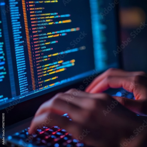 Close-up of programmer s fingers typing, code on desktop screen photo