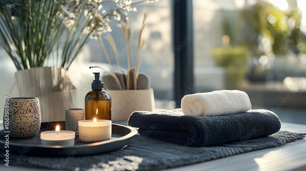 Spa Sanctuary: A tranquil setting with candles, towels, and aromatherapy accessories, inviting relaxation and self-care. Spa Sanctuary: A tranquil setting with candles, towels, and aromatherapy accessories, inviting relaxation and self-care.