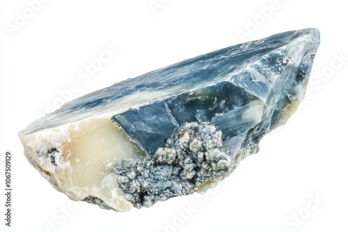 Top view of a moldy piece of soft blue cheese on a white background