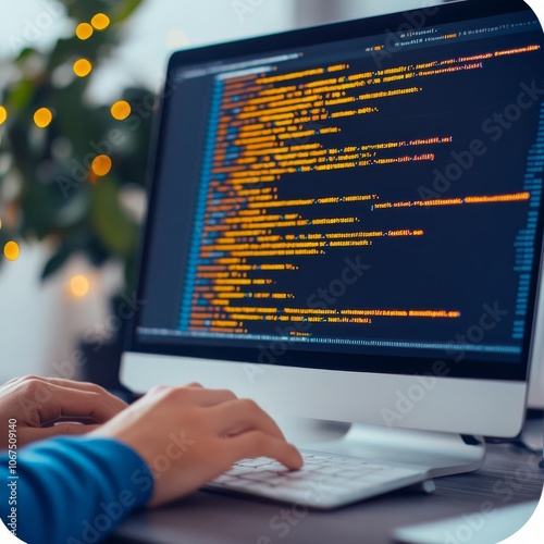 Developer at desk with code on screen, hands typing photo