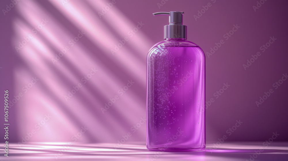 Pink liquid soap bottle with dispenser on a sunlit surface Pink liquid soap bottle with dispenser on a sunlit surface