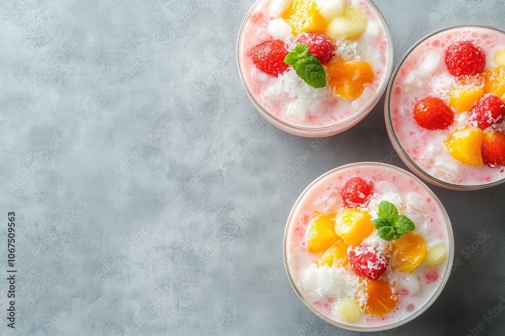 Top view of a popular Indonesian fruit cocktail dessert fruit soup with yogurt and shaved ice set against a grey background Top view of a popular Indonesian fruit cocktail dessert fruit soup with yogurt and shaved ice set against a grey background