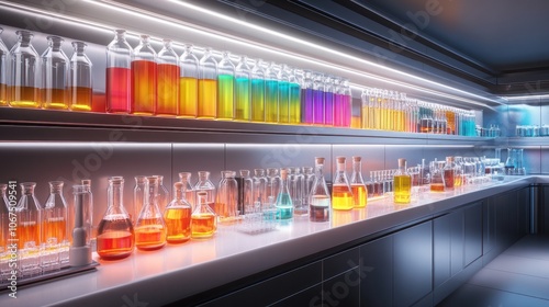 A laboratory with shelves of colorful liquid filled glass bottles and beakers on a stainless steel counter.