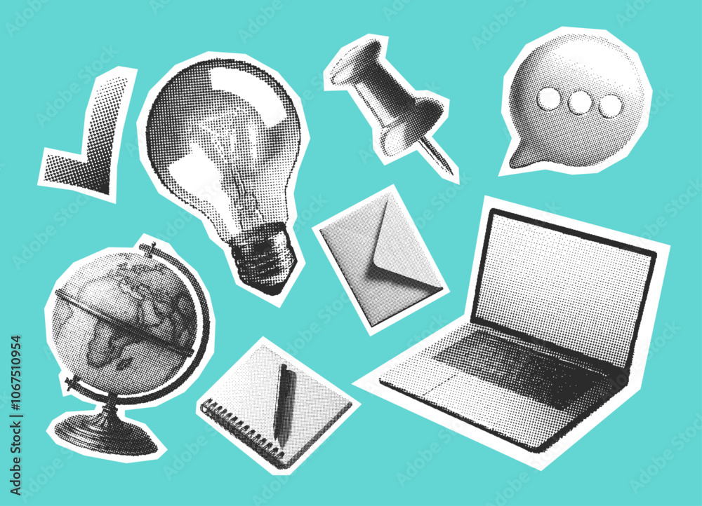 © Satoru Sketches - office elements collection, laptop, notebook, pin, light bulb, globe, checkmark, envelope and speech bubble, set of retro halftone effect elements