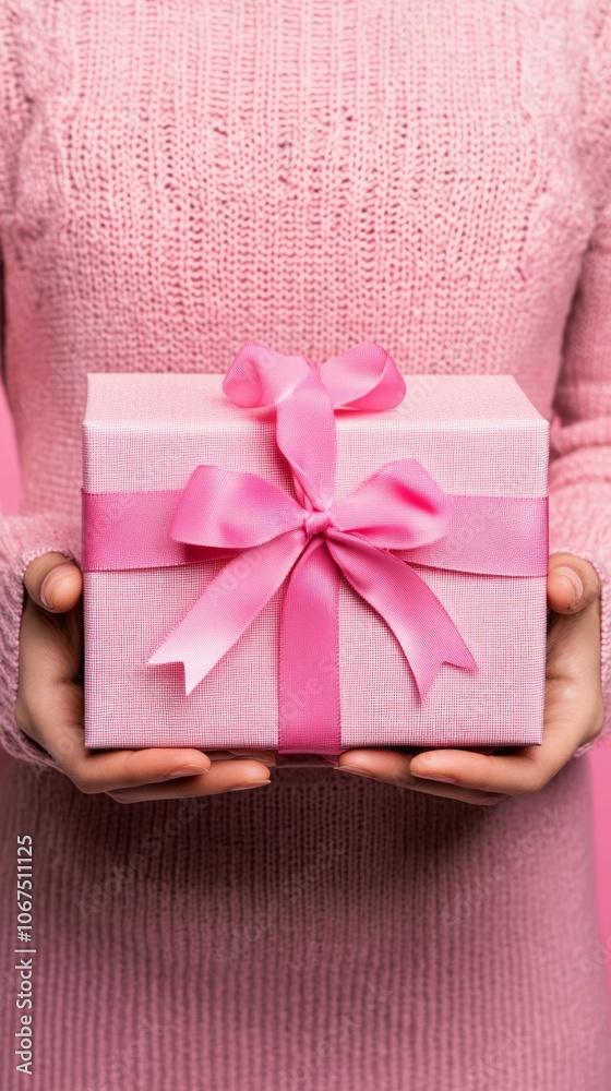 Pink Gift Box with Ribbon Held by Woman in Knit Sweater Pink Gift Box with Ribbon Held by Woman in Knit Sweater