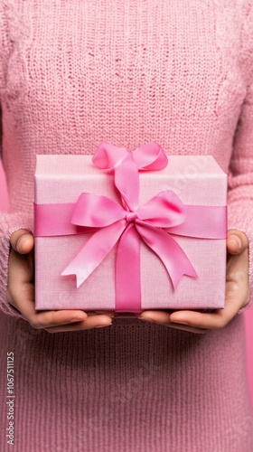 Pink Gift Box with Ribbon Held by Woman in Knit Sweater