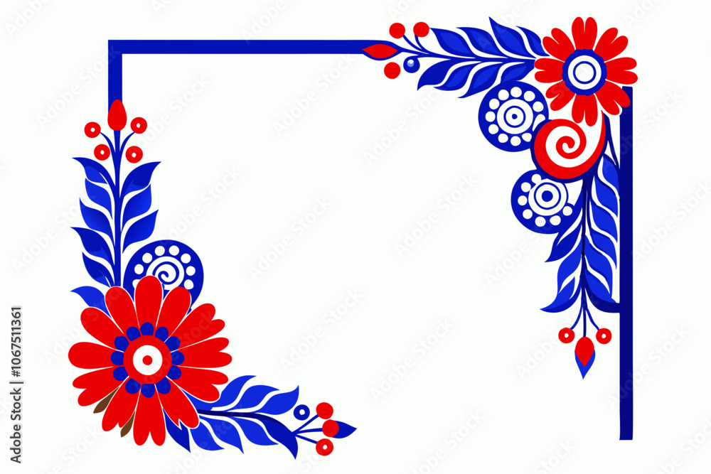 Obraz premium Blue red rectangle floral ornament corner frame on white background