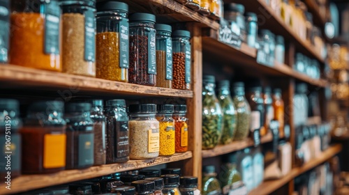 Jars of Colorful Spices on Wooden Shelves in a Spice Shop