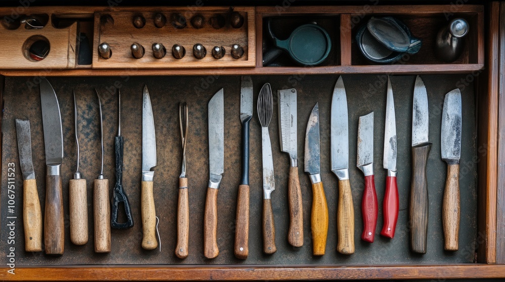 Neatly Arranged Kitchen Utensils, a close-up view of a tidy kitchen drawer showcasing an array of knives, spatulas, and measuring tools for culinary enthusiasts Neatly Arranged Kitchen Utensils, a close-up view of a tidy kitchen drawer showcasing an array of knives, spatulas, and measuring tools for culinary enthusiasts